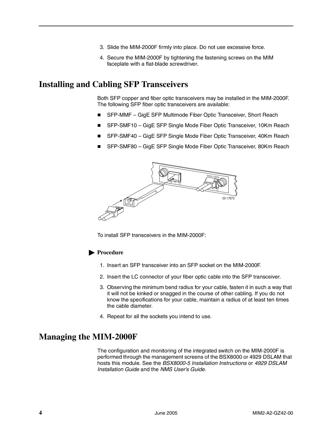 Paradyne installation instructions Installing and Cabling SFP Transceivers, Managing the MIM-2000F 