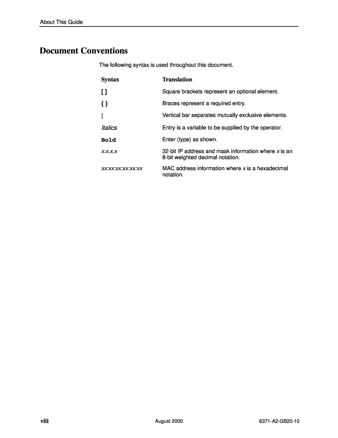 Paradyne Routers manual Document Conventions, Syntax, Translation, Italics, Bold, viii 