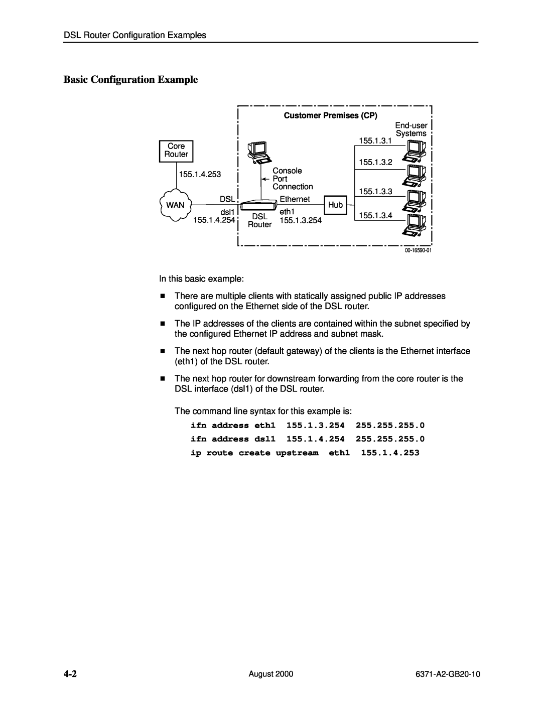 Paradyne Routers manual Basic Configuration Example, ifn address eth1 155.1.3.254 ifn address dsl1 155.1.4.254 