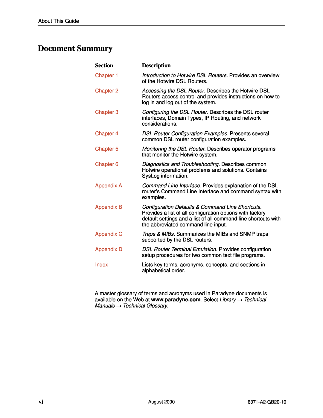 Paradyne Routers Document Summary, Chapter, Appendix A, Appendix B, Appendix C, Appendix D, Index, Section, Description 