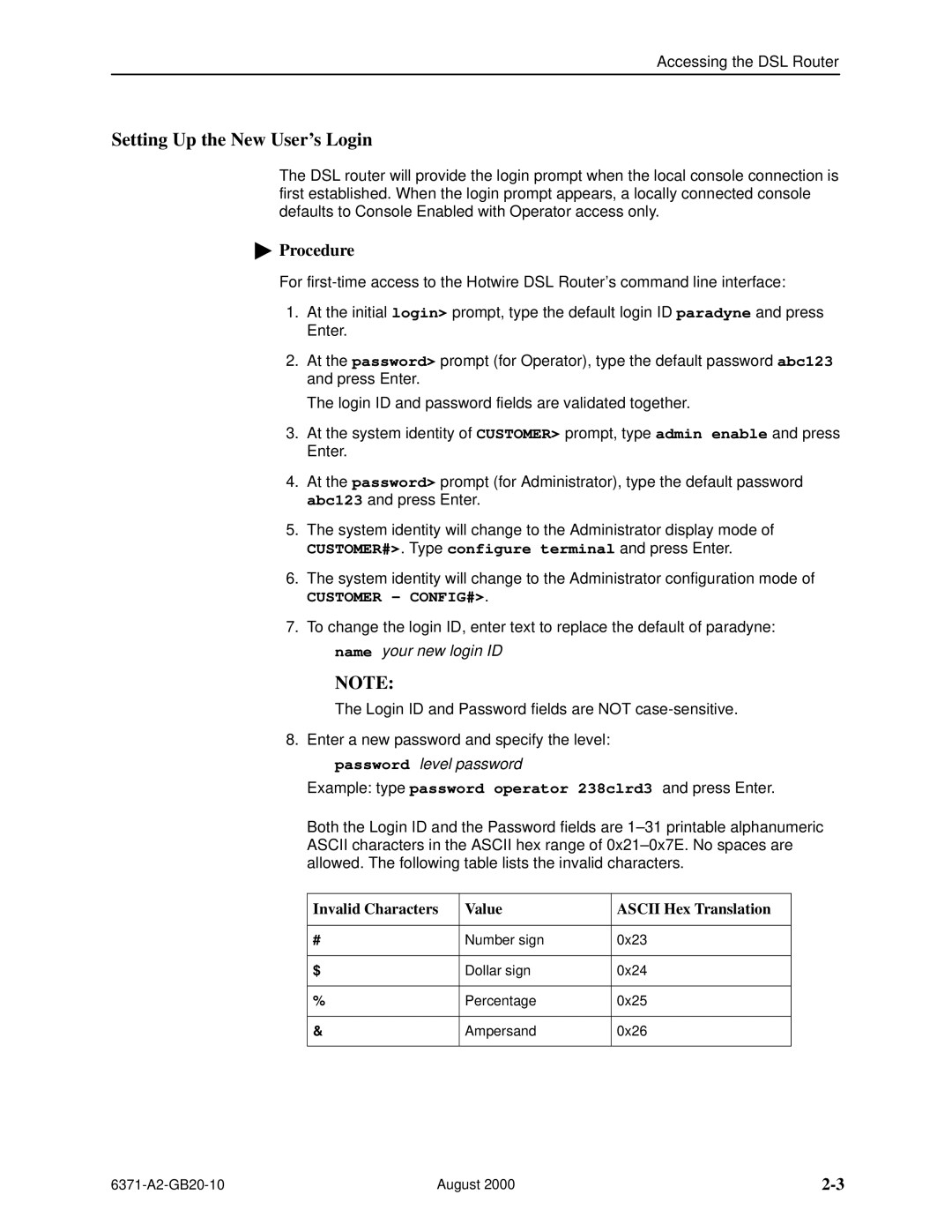 Paradyne Routers manual Setting Up the New Users Login, CUSTOMER#. Type configure terminal and press Enter 