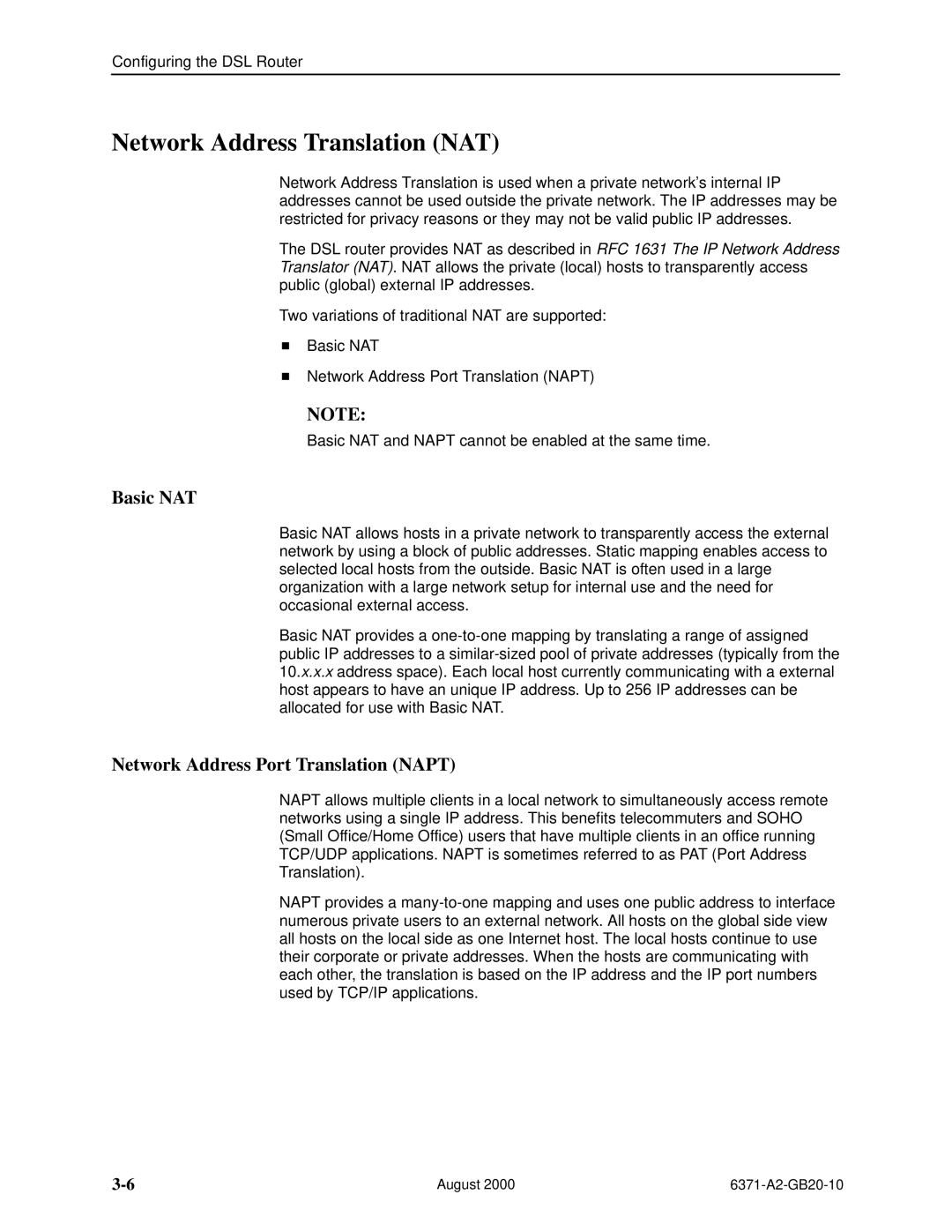 Paradyne Routers manual Network Address Translation NAT, Basic NAT, Network Address Port Translation Napt 