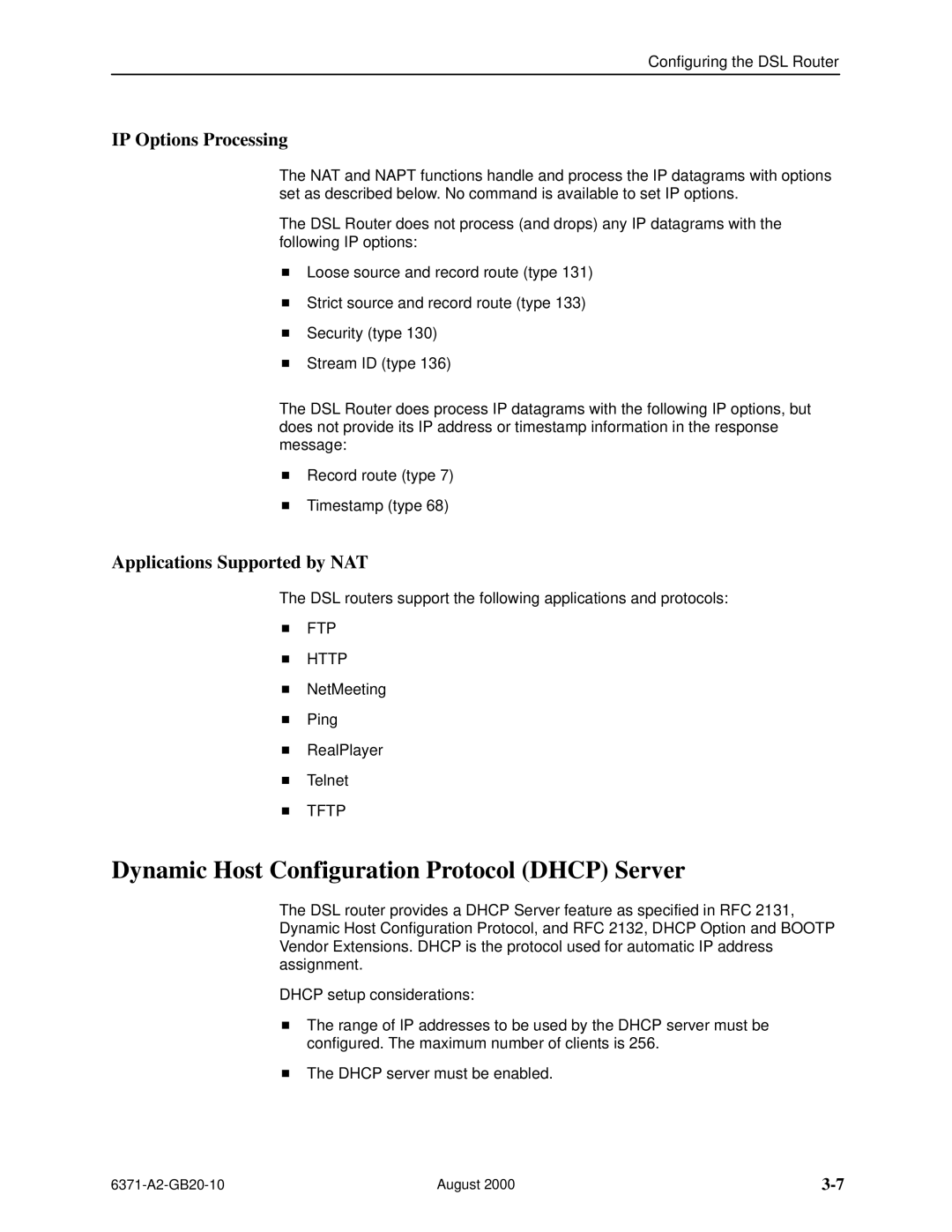 Paradyne Routers Dynamic Host Configuration Protocol Dhcp Server, IP Options Processing, Applications Supported by NAT 