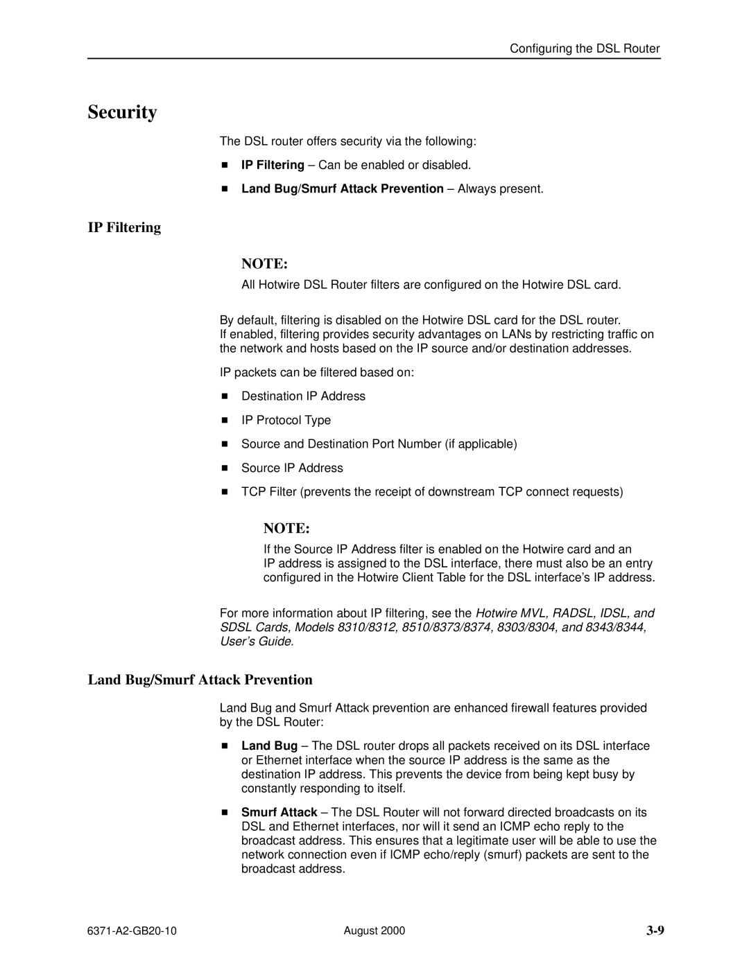 Paradyne Routers manual Security, IP Filtering, Land Bug/Smurf Attack Prevention 