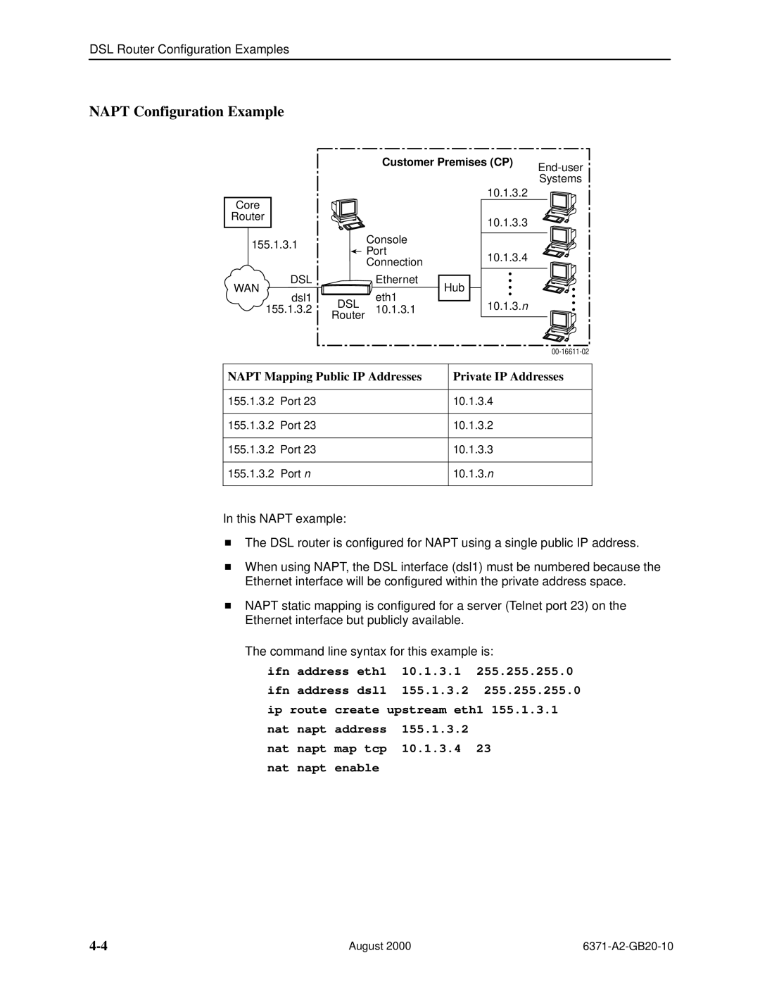 Paradyne Routers manual Napt Configuration Example, Napt Mapping Public IP Addresses Private IP Addresses 