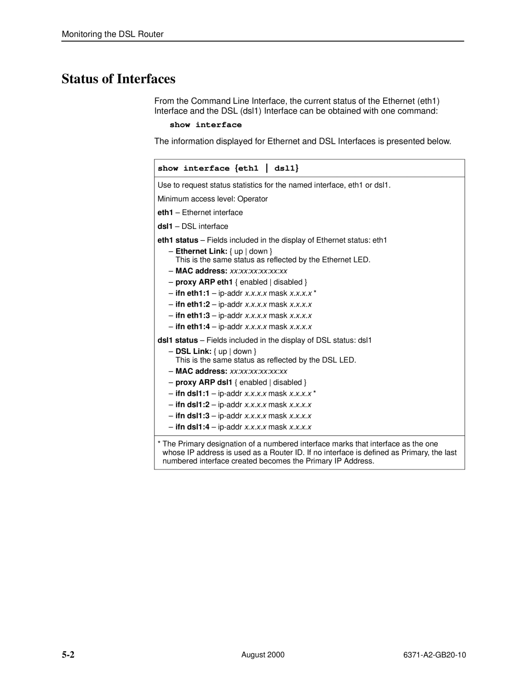 Paradyne Routers manual Status of Interfaces, Show interface eth1 dsl1, ± Ethernet Link up down, ± MAC address 