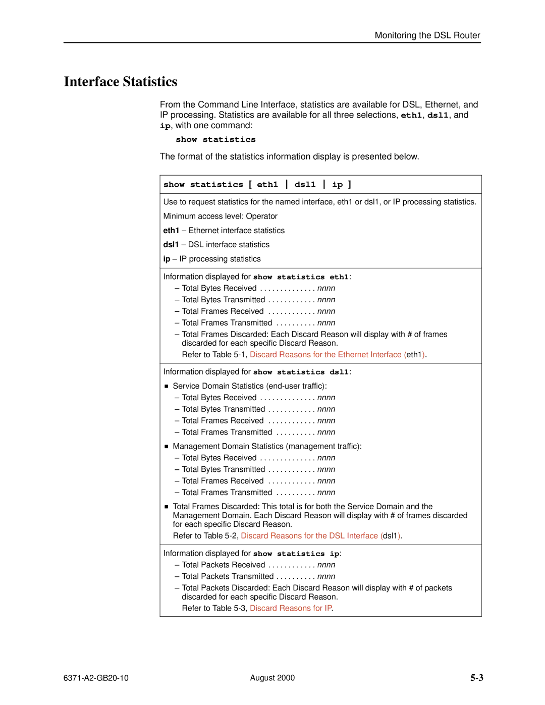 Paradyne Routers manual Interface Statistics, Show statistics eth1 dsl1 ip 