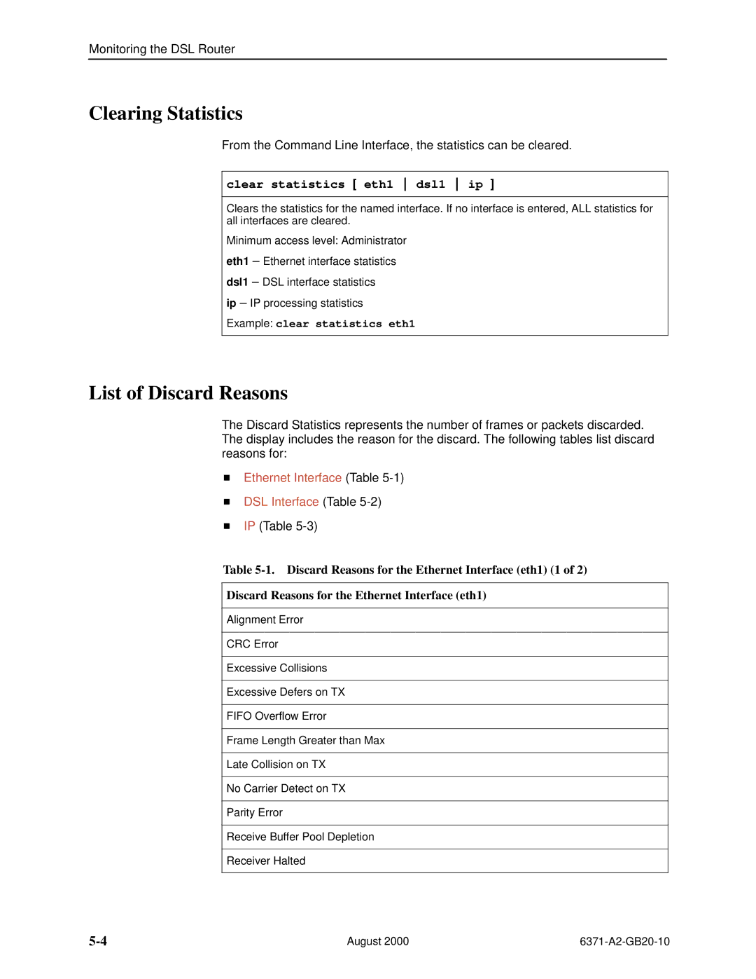 Paradyne Routers manual Clearing Statistics, List of Discard Reasons, Clear statistics eth1 dsl1 ip 