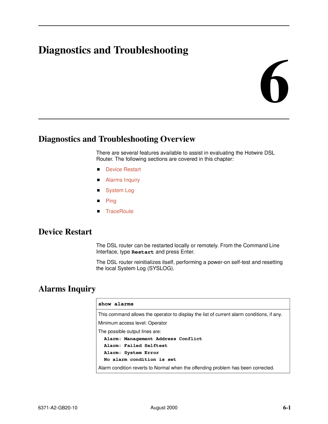 Paradyne Routers manual Diagnostics and Troubleshooting Overview, Device Restart, Alarms Inquiry, Show alarms 