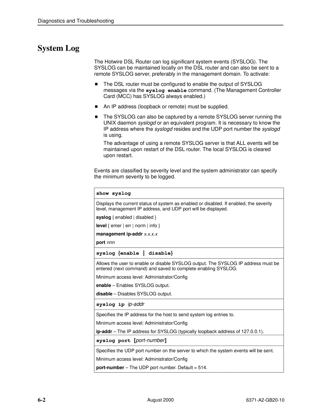 Paradyne Routers manual System Log, Show syslog, Syslog enable disable, Syslog ip ip-addr, Syslog port port-number 