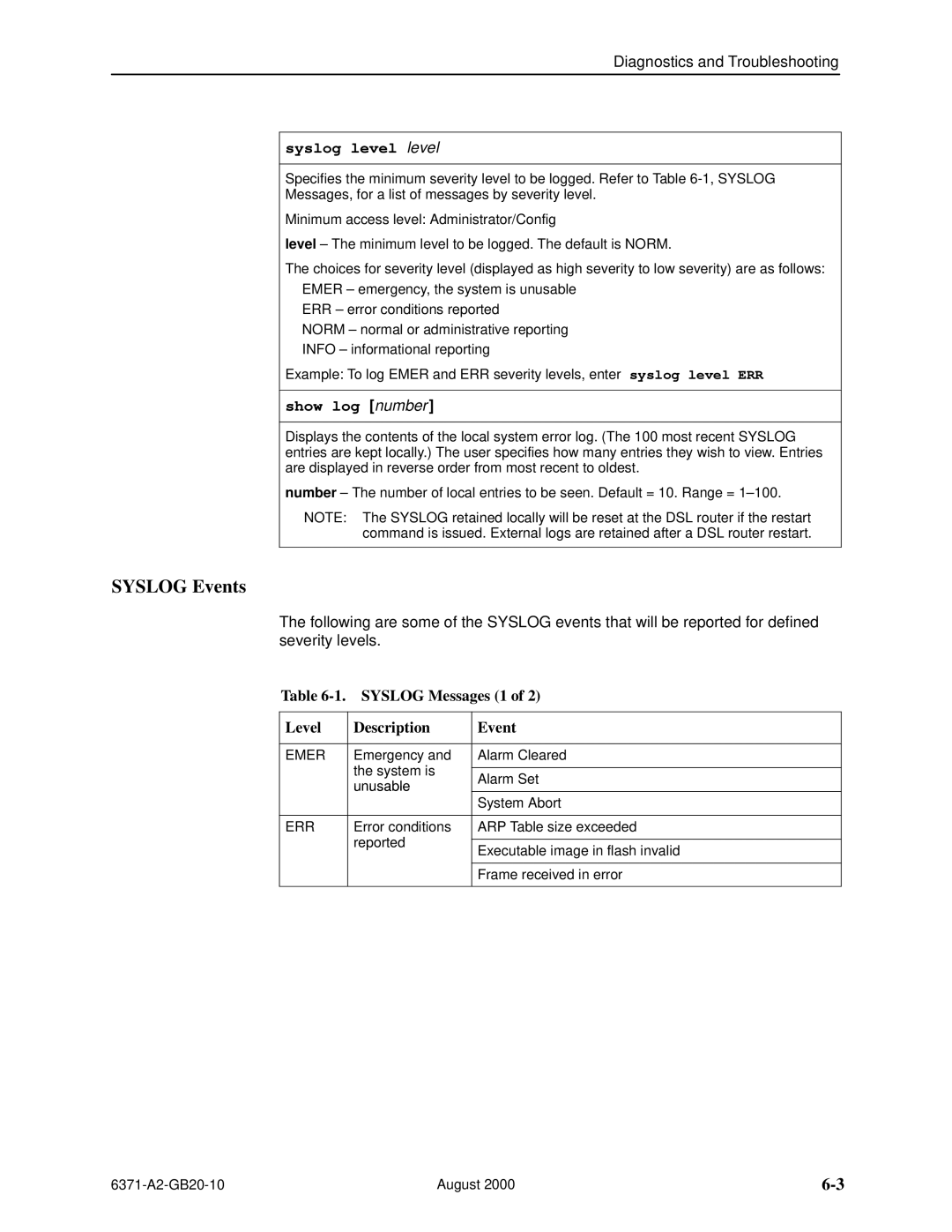 Paradyne Routers Syslog Events, Syslog level level, Show log number, Syslog Messages 1 Level Description Event, Unusable 