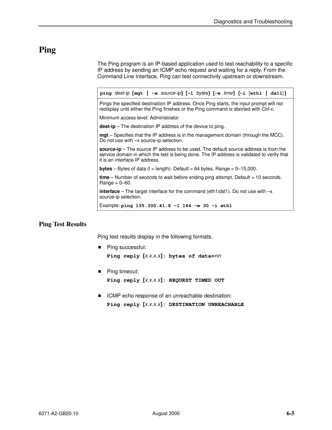 Paradyne Routers manual Ping Test Results, Ping reply x.x.x.x bytes of data=nn, Ping reply x.x.x.x Request Timed OUT 