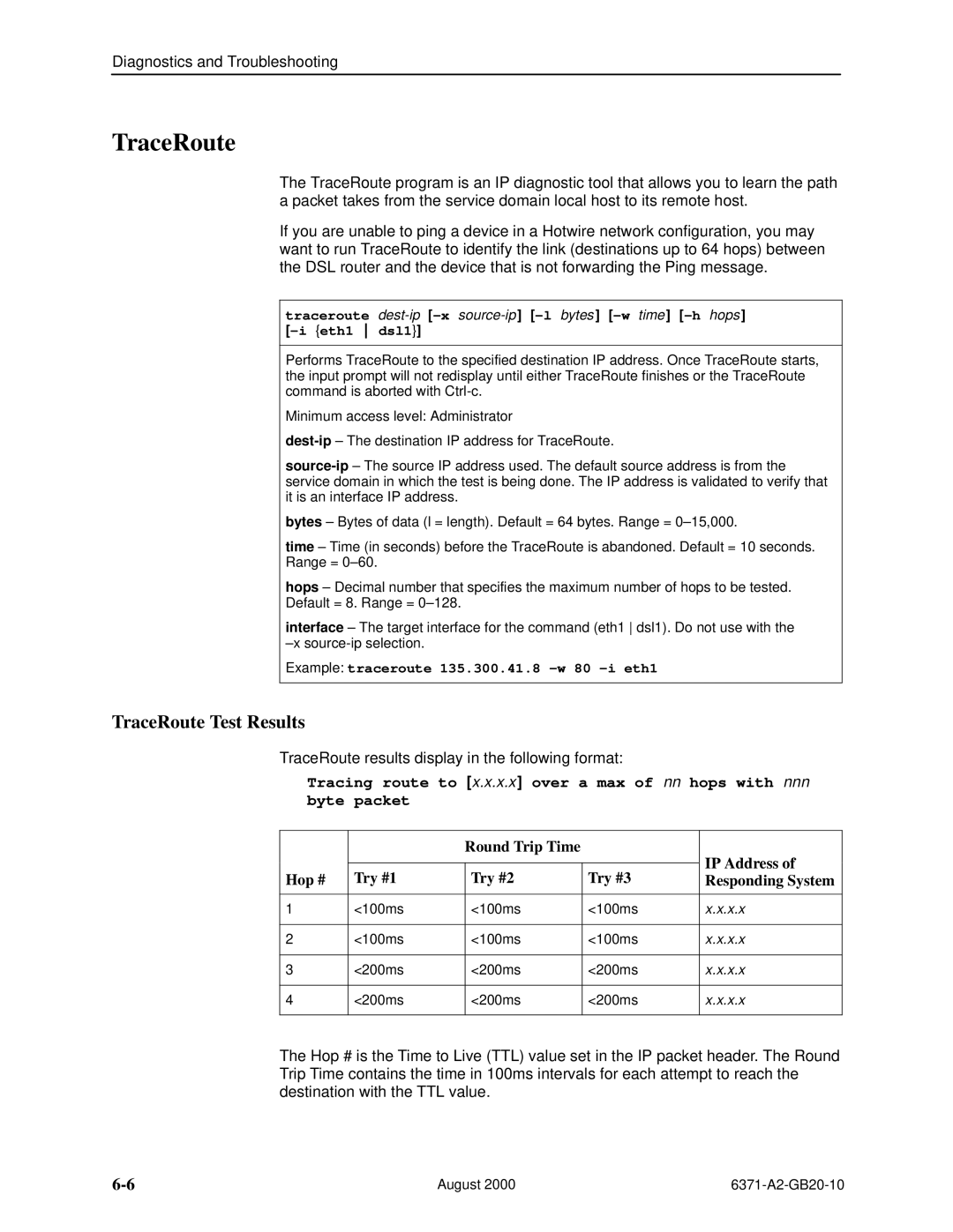 Paradyne Routers manual TraceRoute Test Results, X.x 