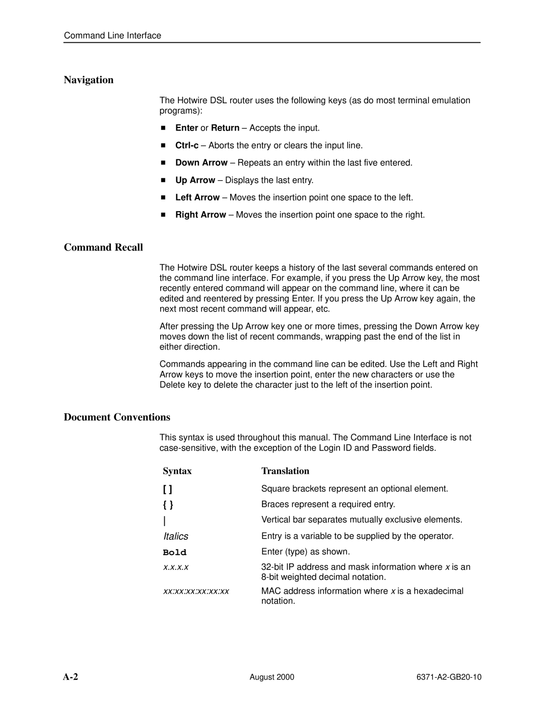 Paradyne Routers manual Navigation, Command Recall, Document Conventions 