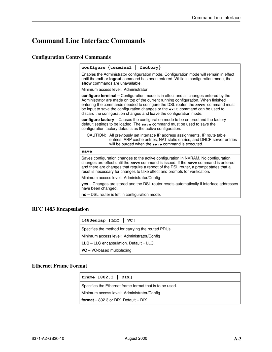 Paradyne Routers manual Command Line Interface Commands, Configuration Control Commands, RFC 1483 Encapsulation 