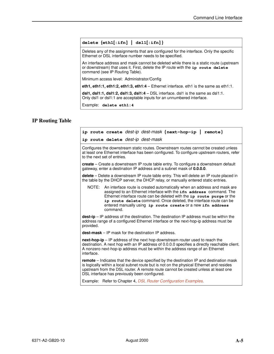 Paradyne Routers manual IP Routing Table, Delete eth1ifn dsl1ifn, Ip route create dest-ipdest-mask next-hop-ip remote 