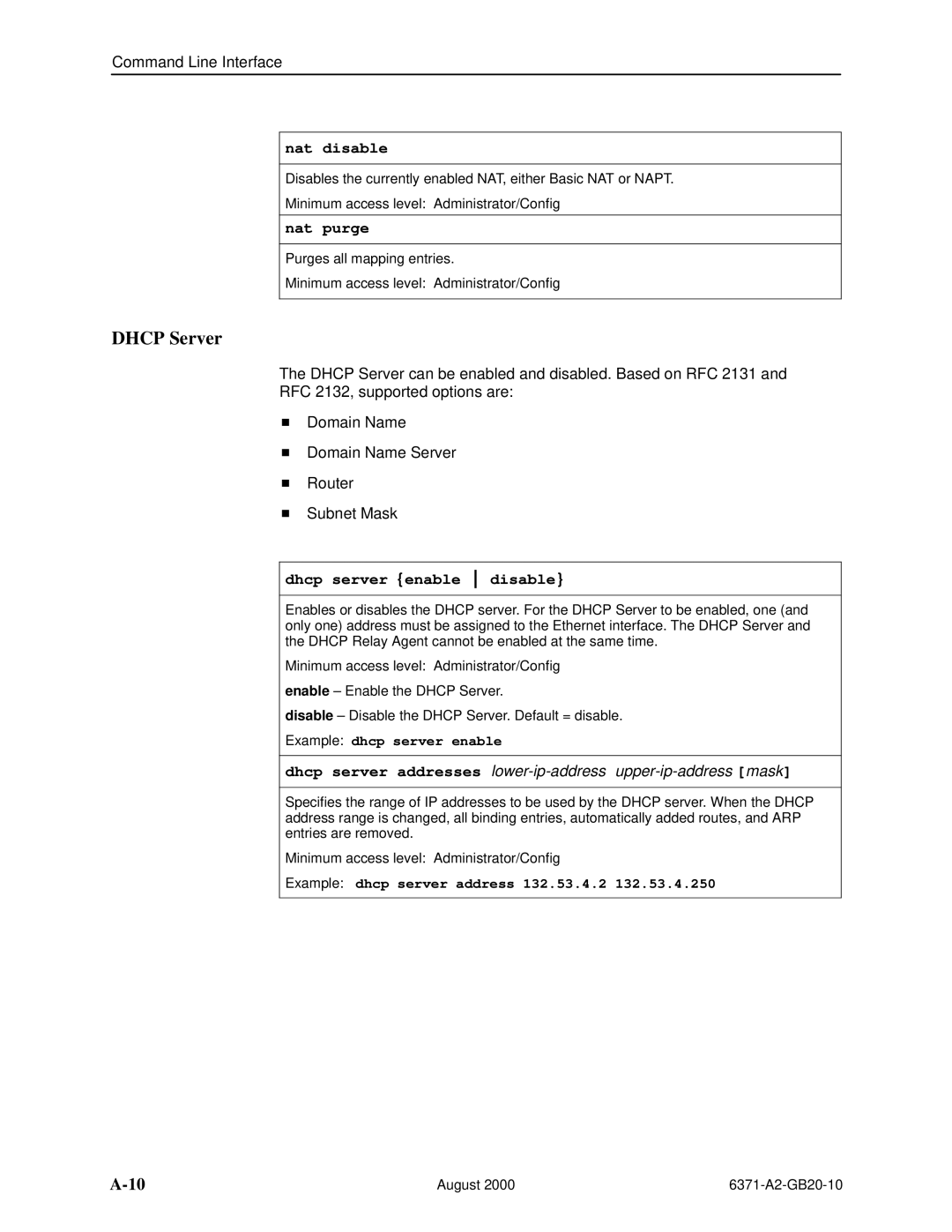 Paradyne Routers manual Dhcp Server, Nat disable, Nat purge, Dhcp server enable disable 