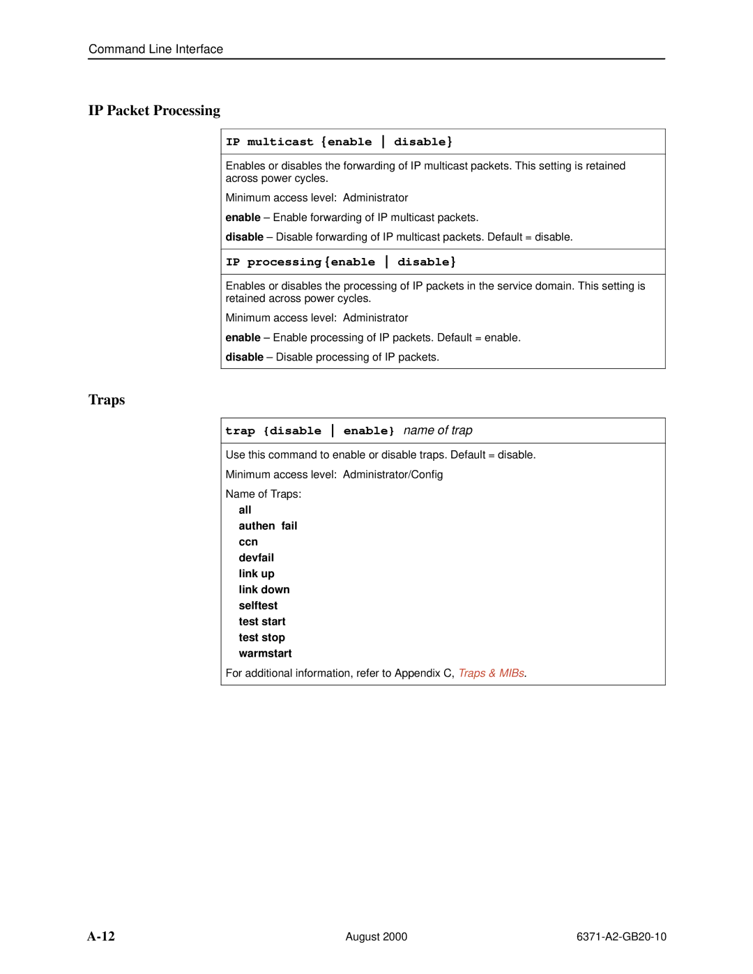 Paradyne Routers manual IP Packet Processing, Traps, IP multicast enable disable, IP processing enable disable 