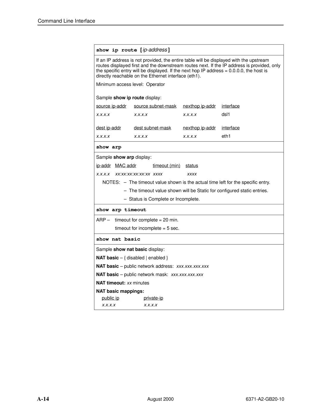 Paradyne Routers Show ip route ip-address, Show arp timeout, Show nat basic, NAT timeout xx minutes NAT basic mappings 