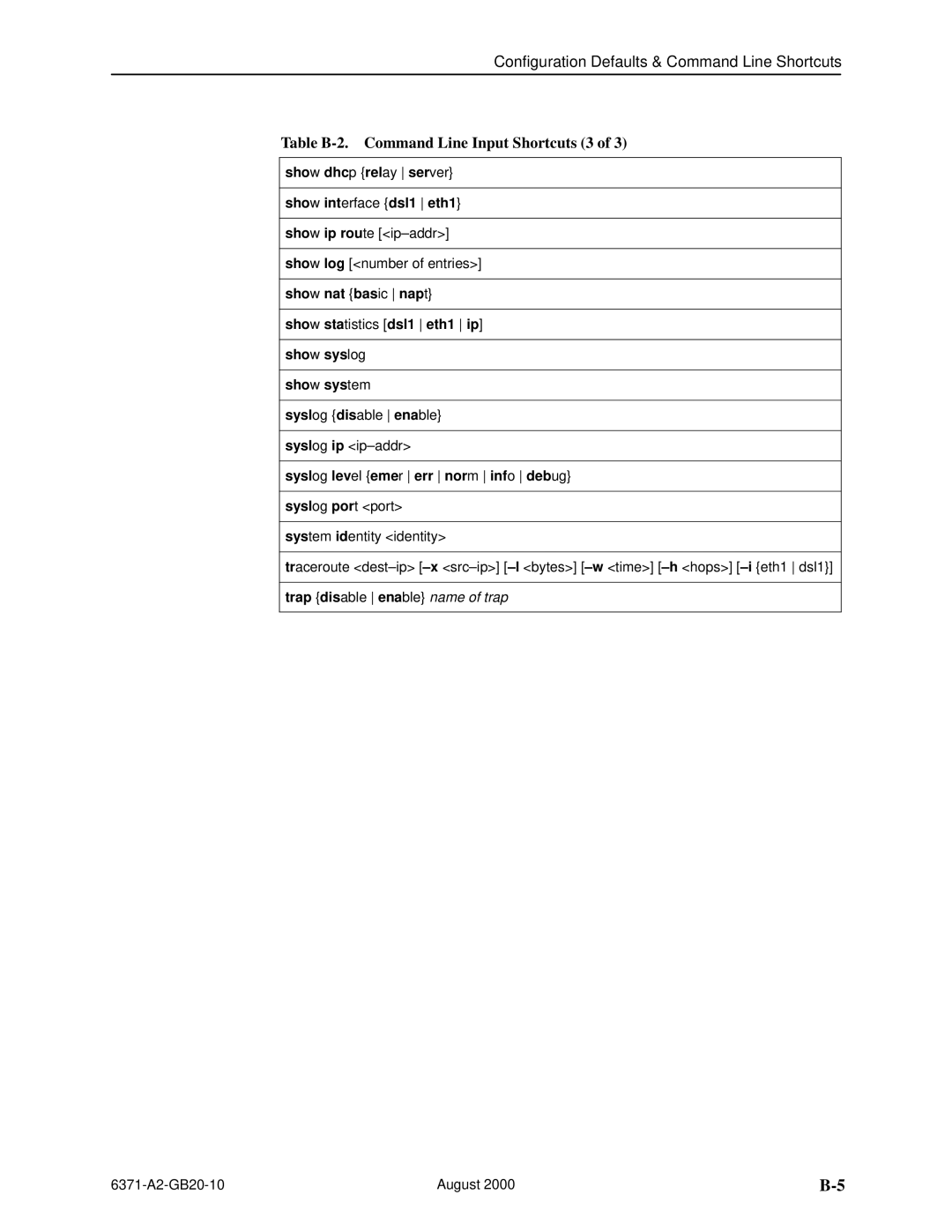 Paradyne Routers manual Table B-2. Command Line Input Shortcuts 3, Show interface dsl1 eth1 