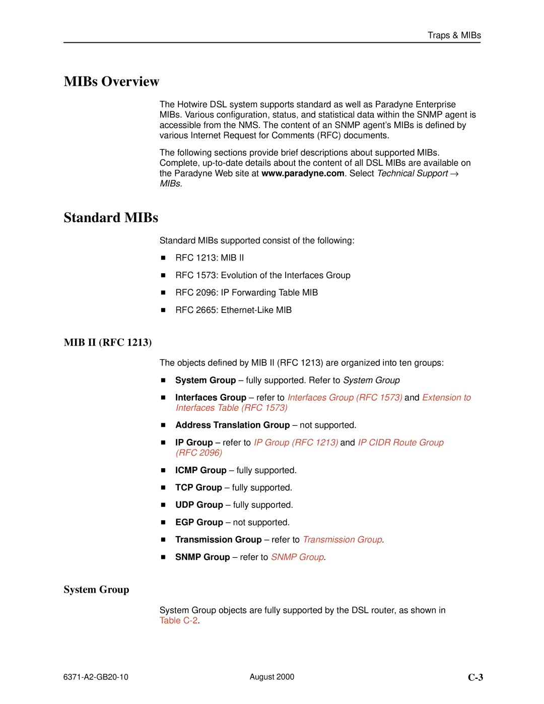 Paradyne Routers manual MIBs Overview, Standard MIBs, Mib Ii Rfc, System Group 