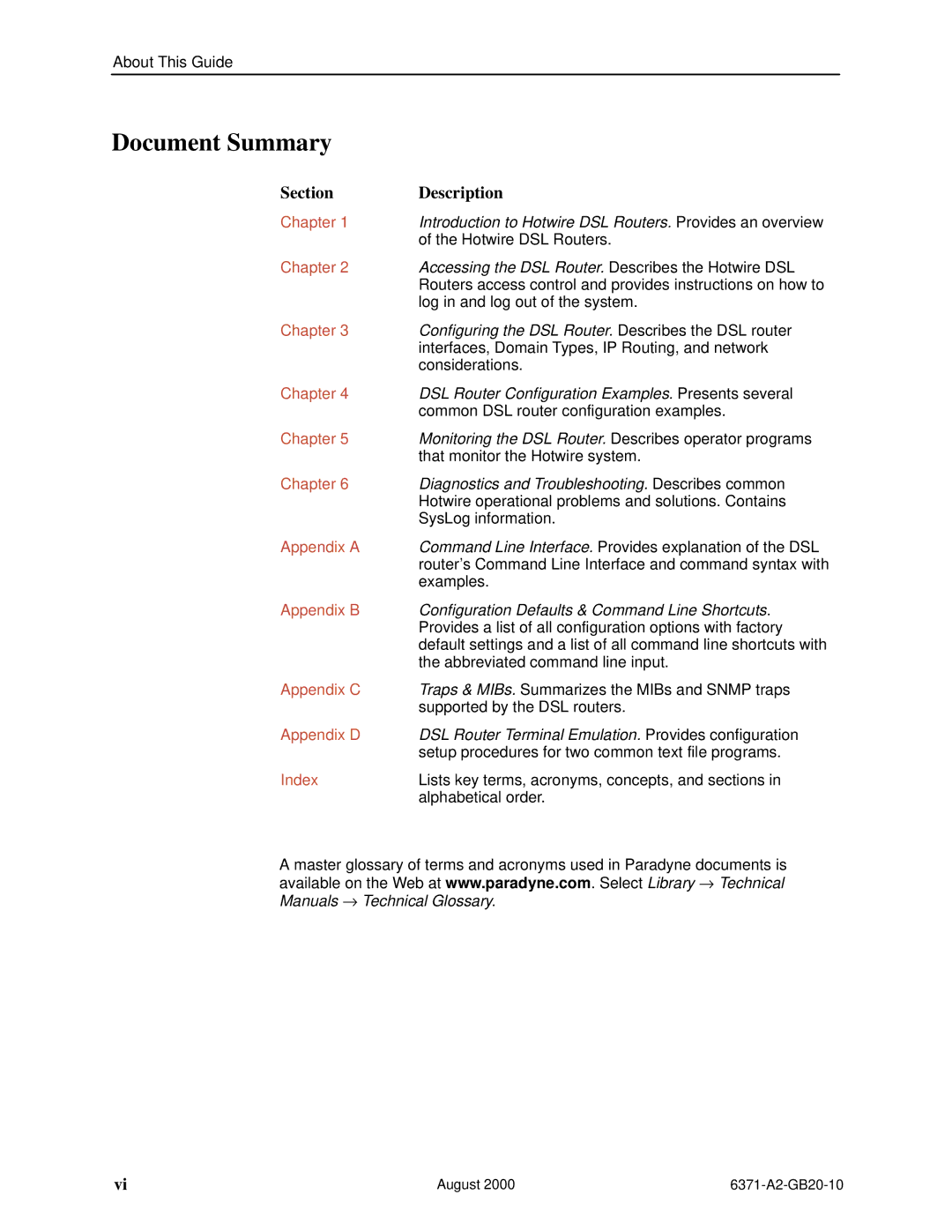 Paradyne Routers manual Document Summary, Section Description 