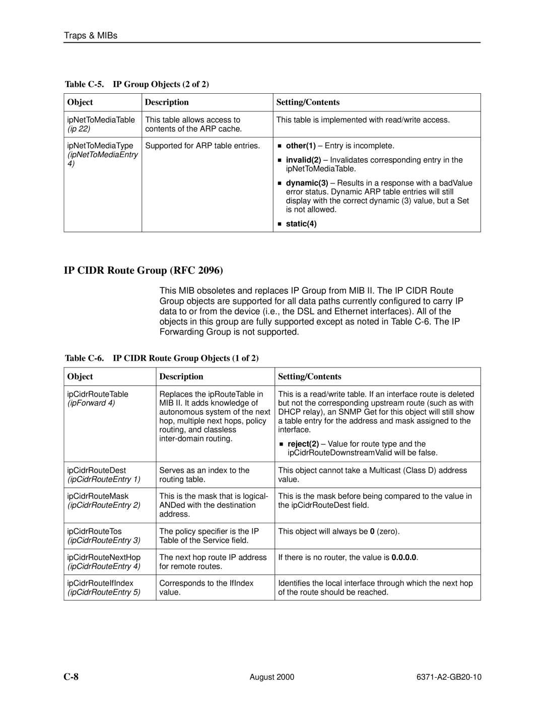 Paradyne Routers manual IP Cidr Route Group RFC, Table C-5. IP Group Objects 2 Description Setting/Contents 