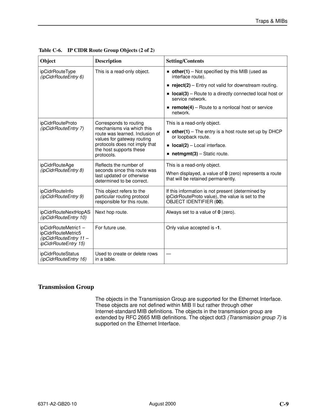 Paradyne Routers manual Transmission Group, IpCidrRouteEntry 11 ± 