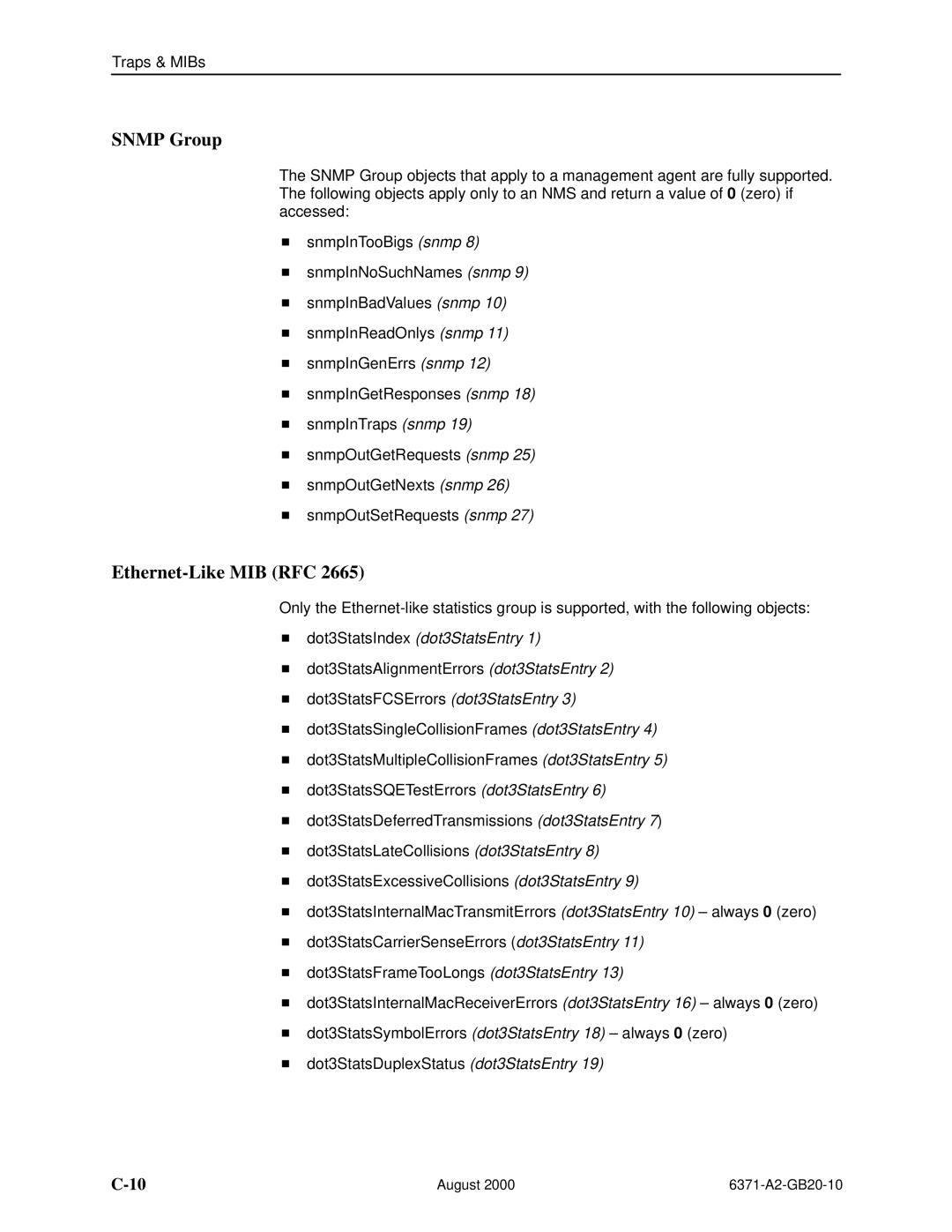 Paradyne Routers manual Snmp Group, Ethernet-Like MIB RFC 