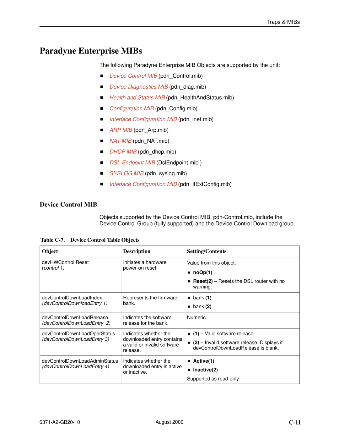 Paradyne Routers manual Paradyne Enterprise MIBs, Device Control MIB, NoOp1, Active1, Inactive2 