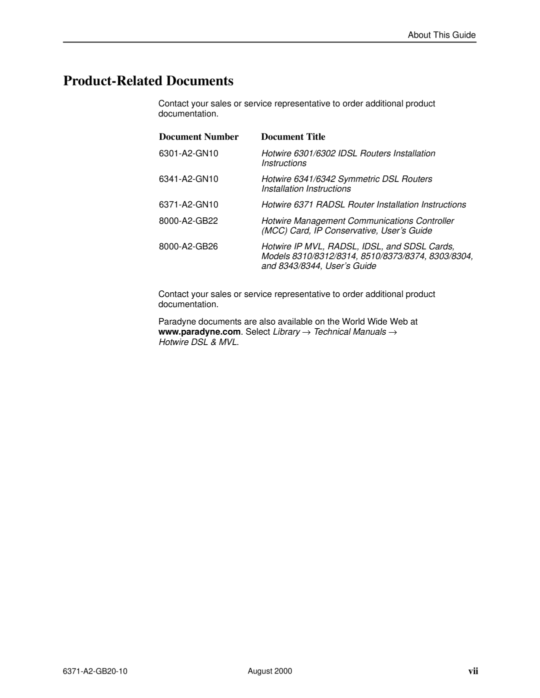 Paradyne Routers manual Product-Related Documents, Document Number Document Title 