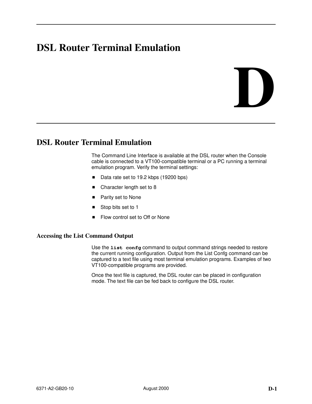 Paradyne Routers manual DSL Router Terminal Emulation, Accessing the List Command Output 