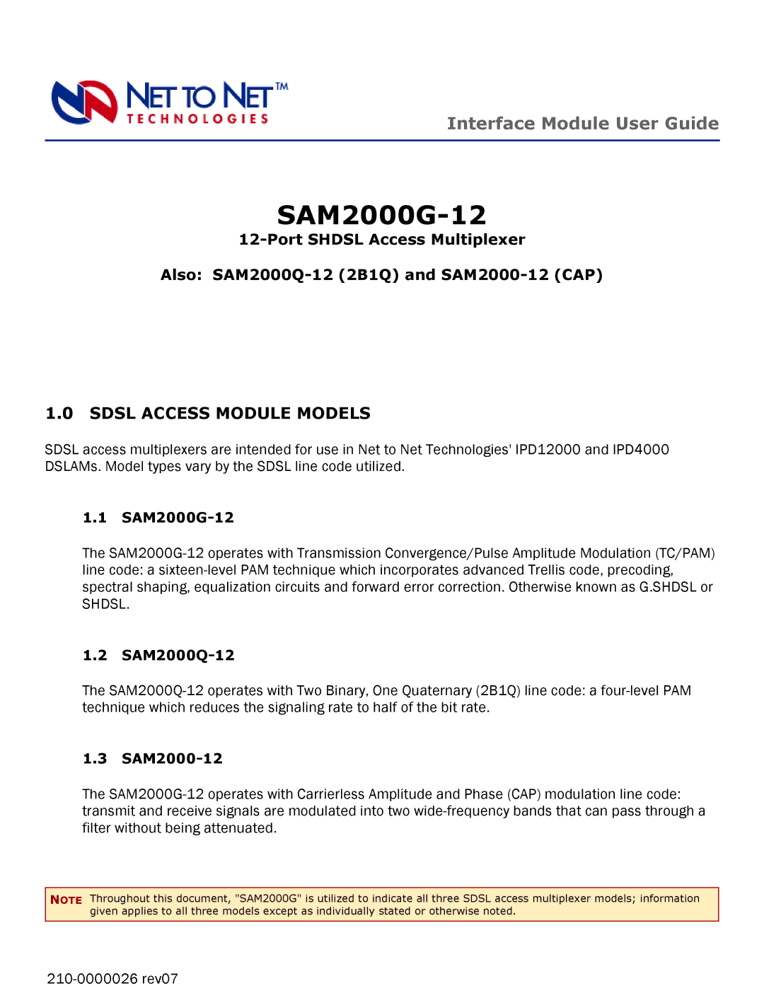 Paradyne SAM2000G-12 manual Sdsl Access Module Models, SAM2000Q-12, SAM2000-12 