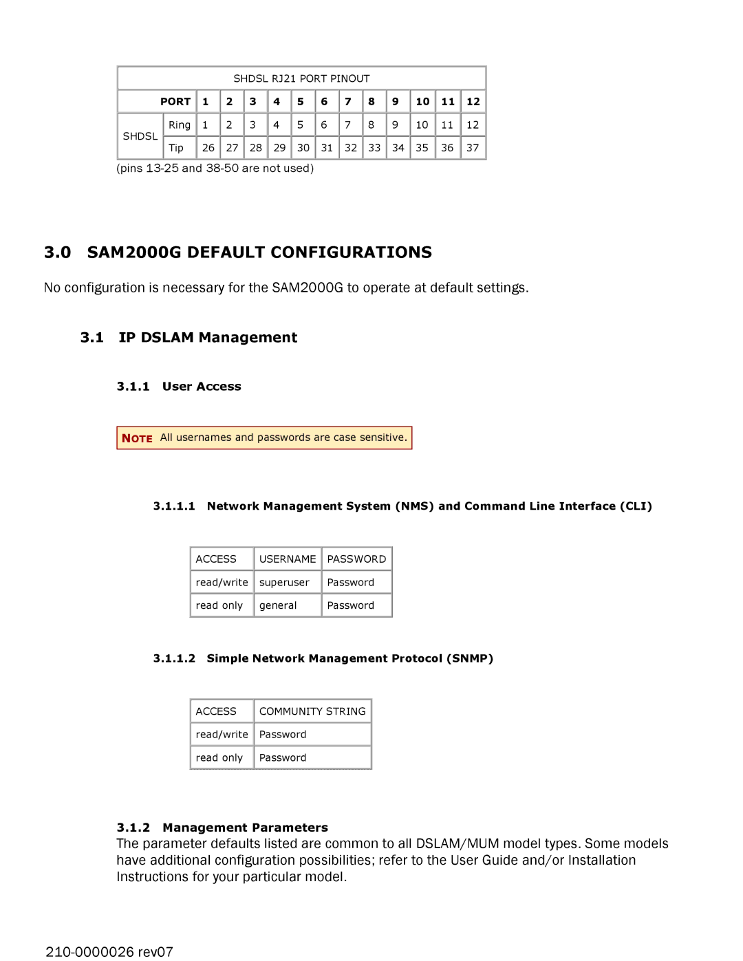 Paradyne SAM2000G-12 manual SAM2000G Default Configurations, IP Dslam Management 