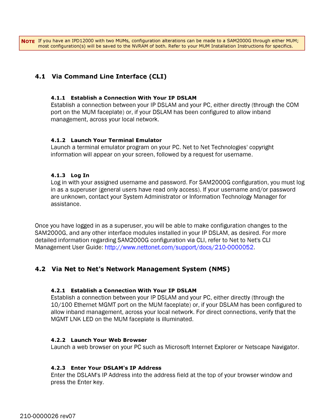 Paradyne SAM2000G-12 manual Via Command Line Interface CLI, Via Net to Nets Network Management System NMS 