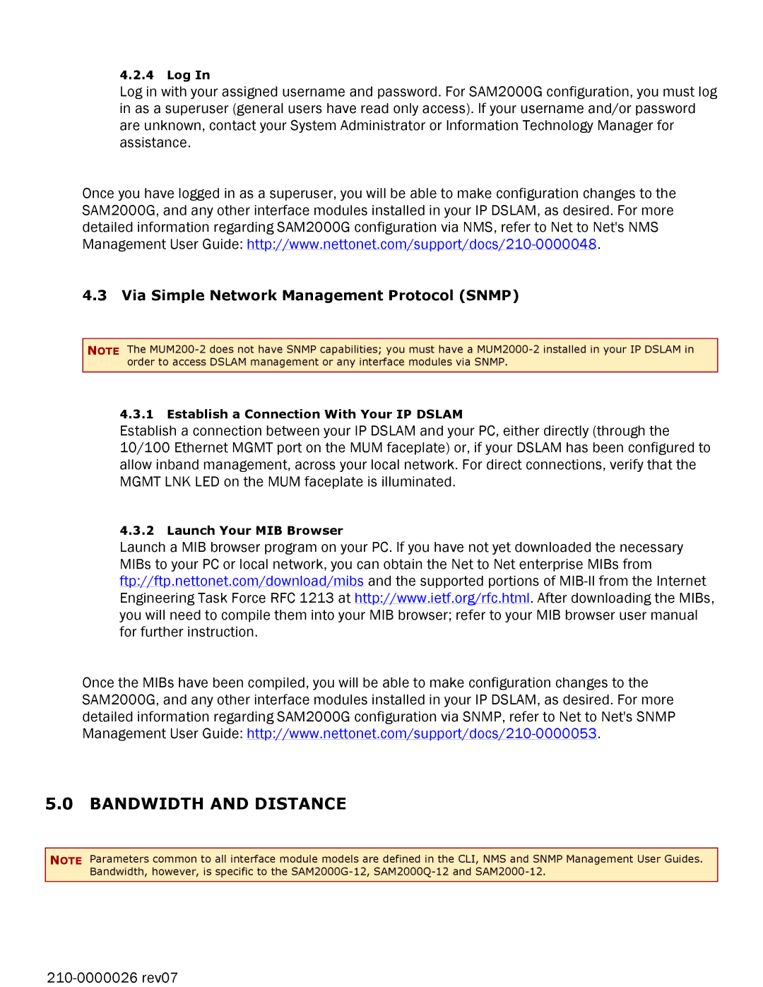 Paradyne SAM2000G-12 manual Bandwidth and Distance, Via Simple Network Management Protocol Snmp 