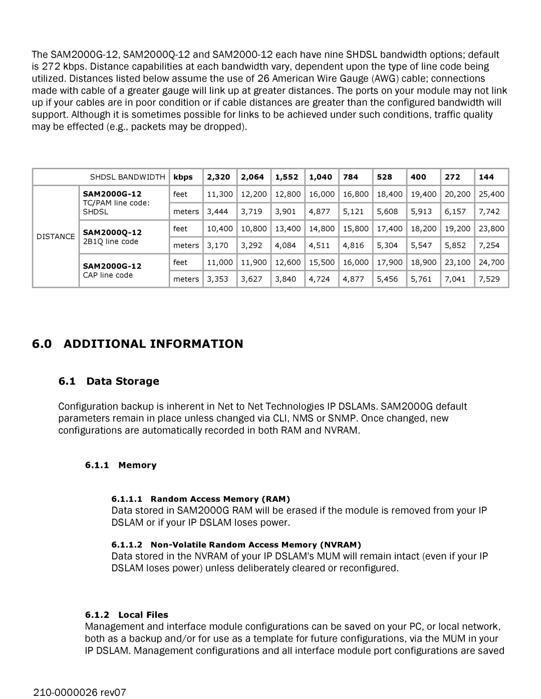 Paradyne SAM2000G-12 manual Additional Information, Data Storage 