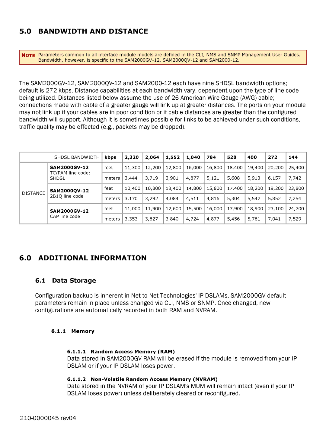 Paradyne SAM2000V-12, SAM2000QV-12, SAM2000GV-12 manual Bandwidth and Distance, Additional Information, Data Storage 