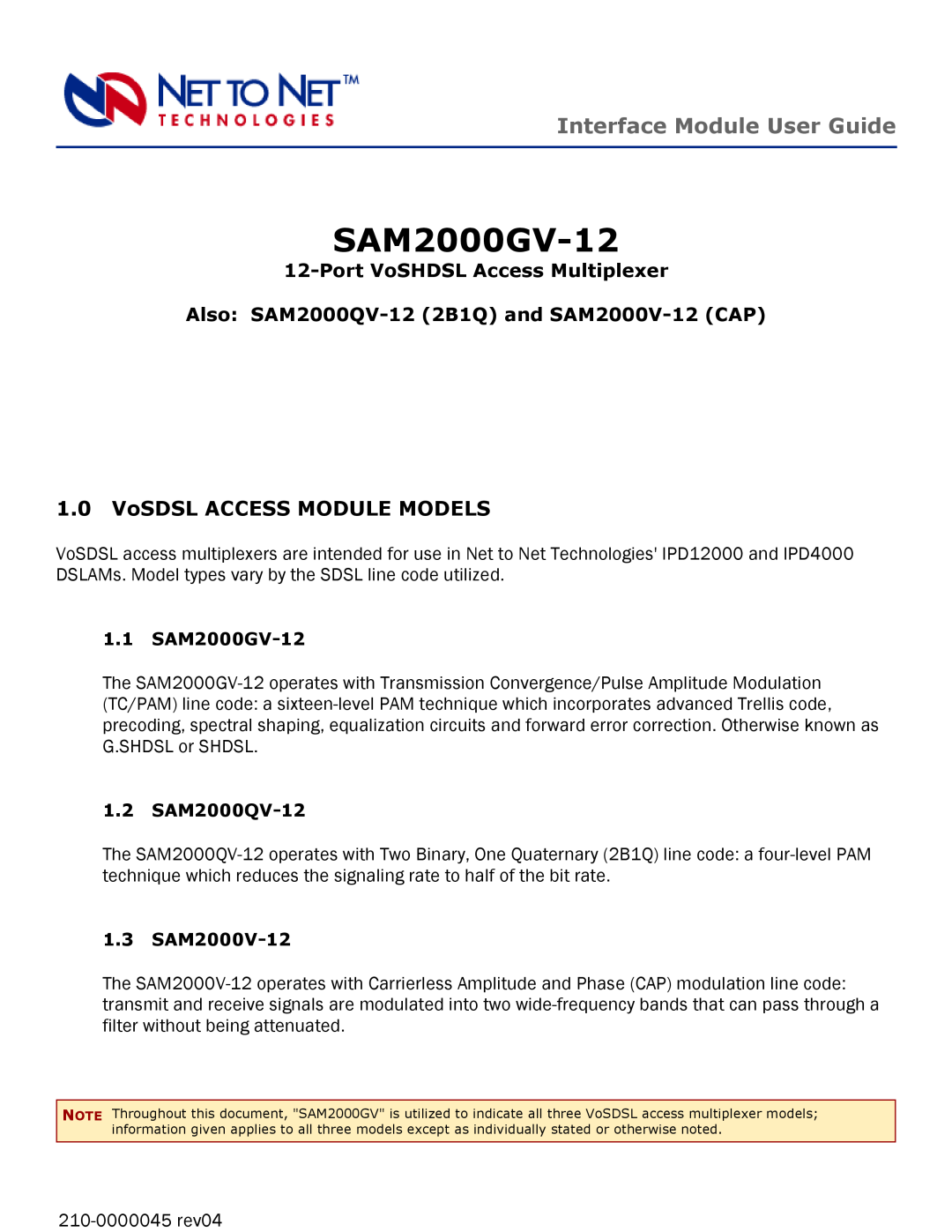Paradyne SAM2000V-12, SAM2000QV-12 manual VoSDSL ACCESS MODULE MODELS, SAM2000GV-12, Interface Module User Guide 