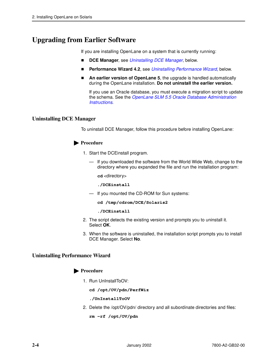 Paradyne SLM 5.5 Upgrading from Earlier Software, Uninstalling DCE Manager, Uninstalling Performance Wizard, DCEinstall 