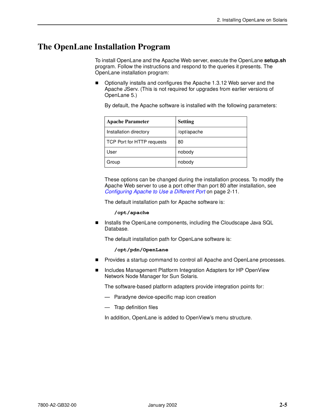 Paradyne SLM 5.5 manual OpenLane Installation Program, Opt/apache, Opt/pdn/OpenLane 