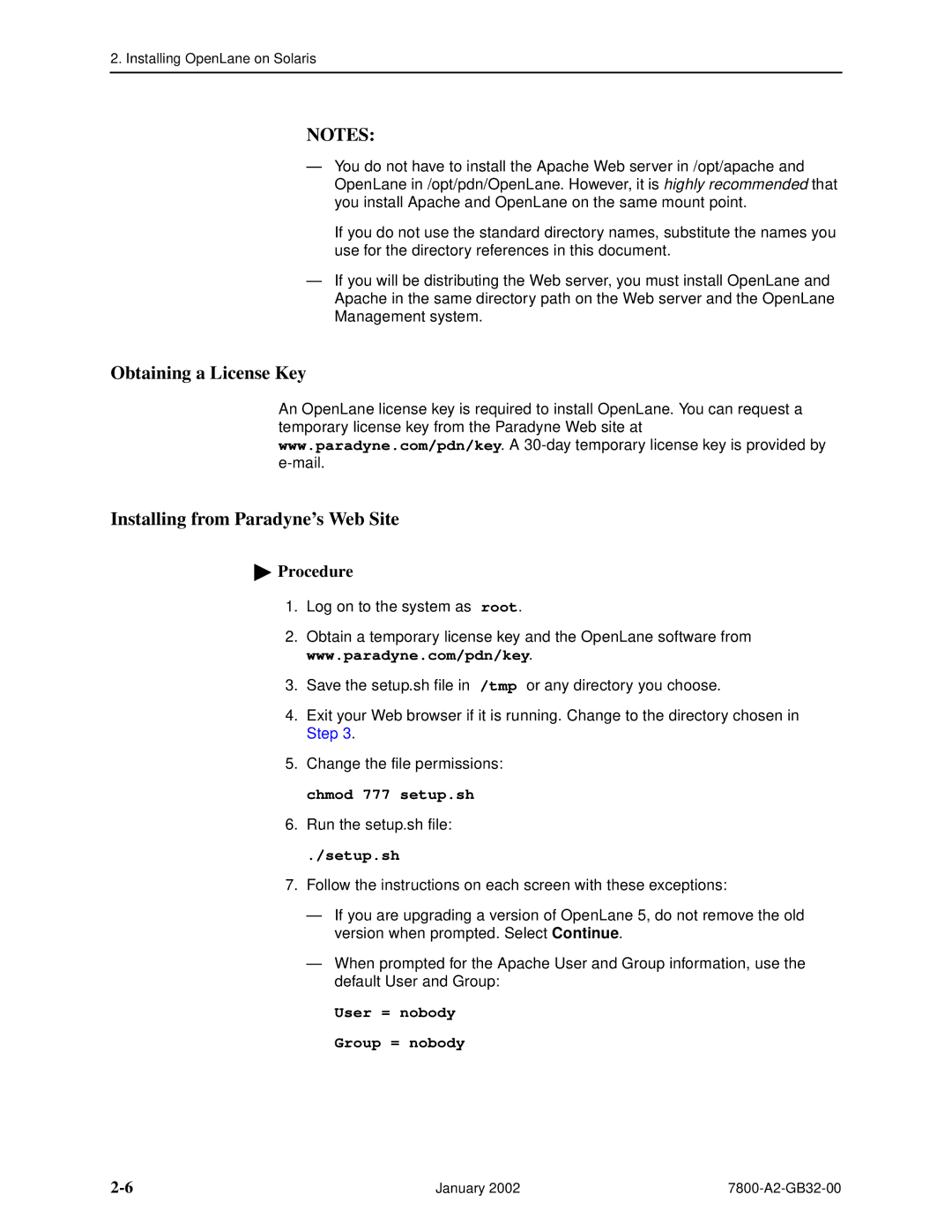 Paradyne SLM 5.5 manual Obtaining a License Key Installing from Paradyne’s Web Site, Setup.sh, User = nobody Group = nobody 