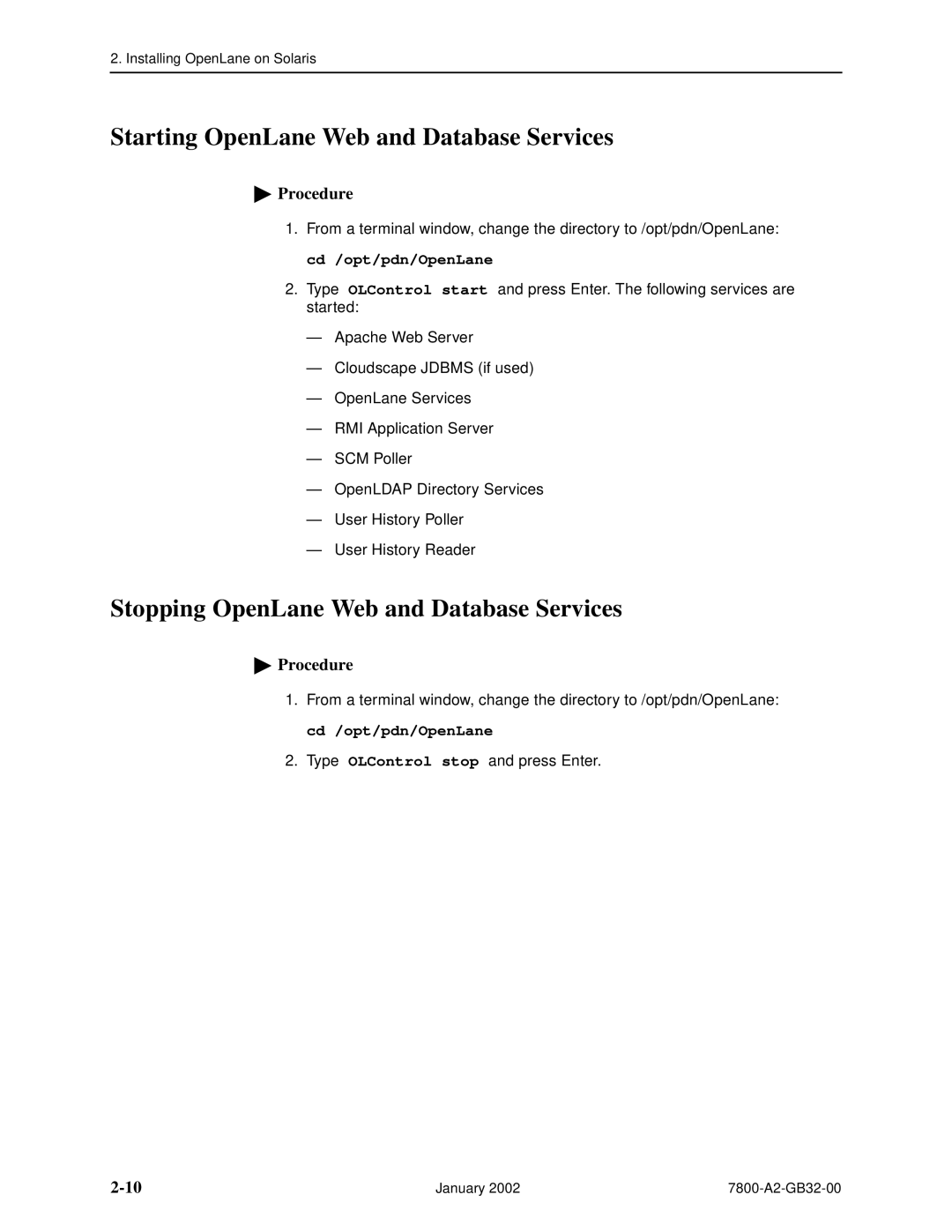 Paradyne SLM 5.5 manual Starting OpenLane Web and Database Services, Stopping OpenLane Web and Database Services 