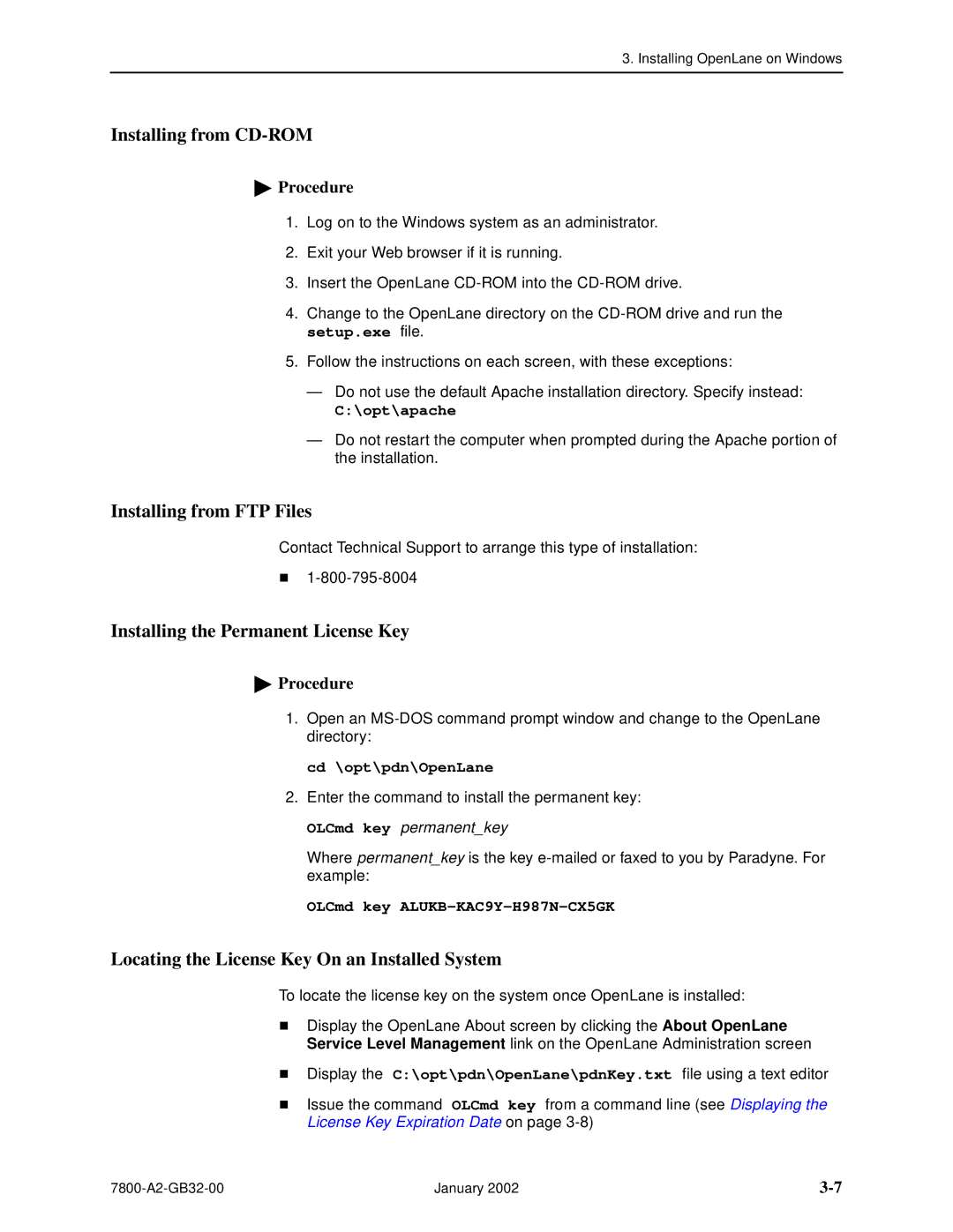 Paradyne SLM 5.5 manual Installing from CD-ROM, Cd \opt\pdn\OpenLane 