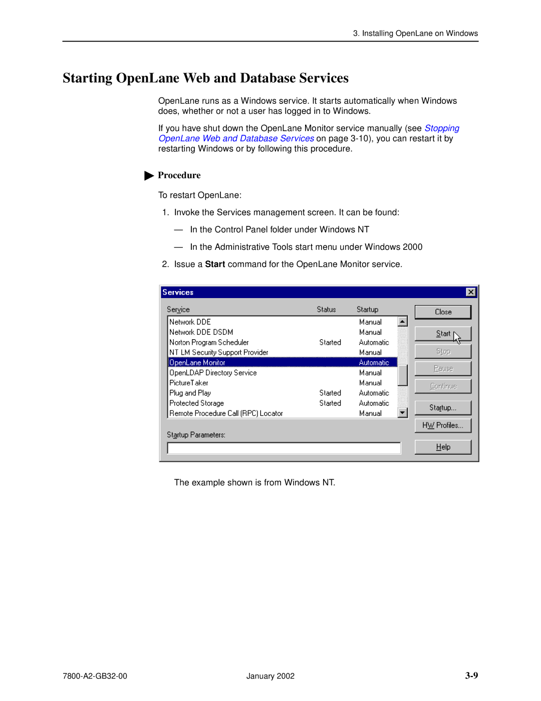 Paradyne SLM 5.5 manual Starting OpenLane Web and Database Services 