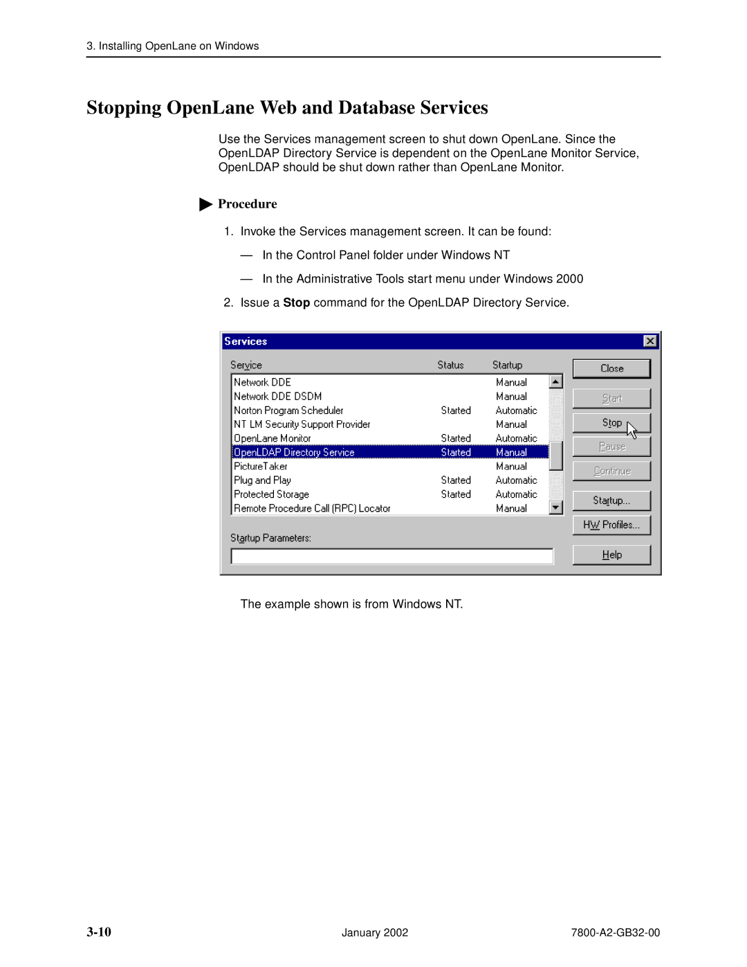 Paradyne SLM 5.5 manual Stopping OpenLane Web and Database Services 