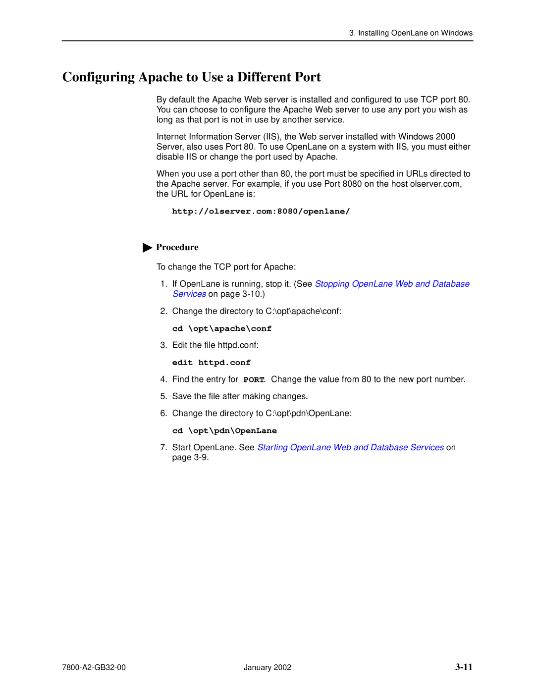 Paradyne SLM 5.5 manual Configuring Apache to Use a Different Port, Http//olserver.com8080/openlane 