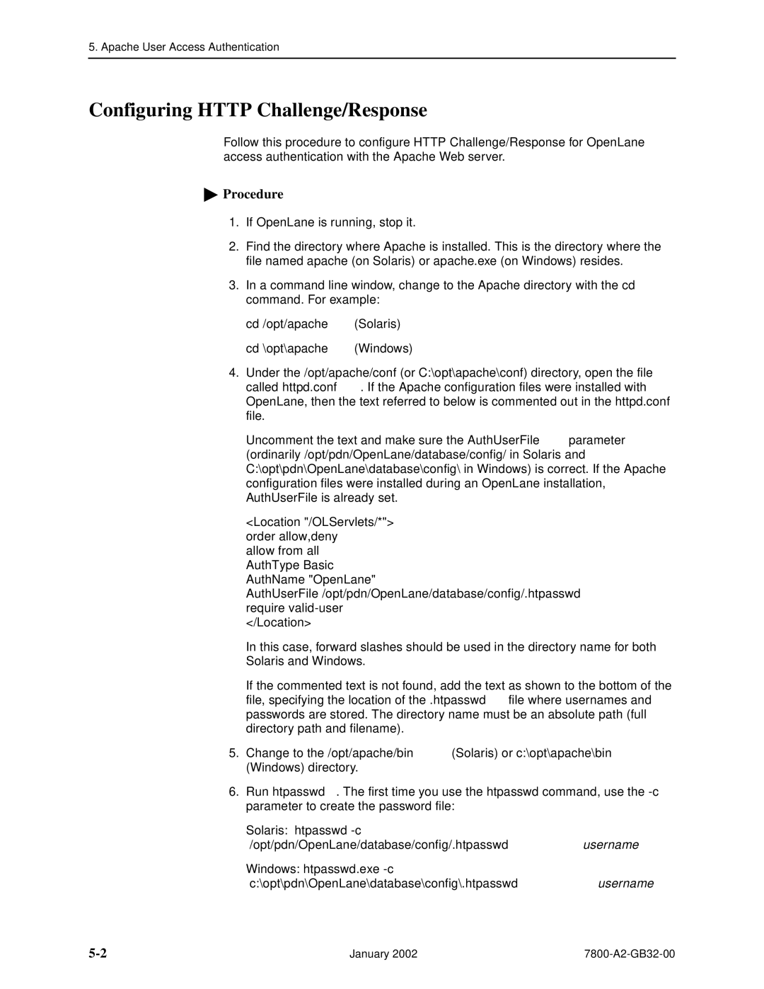 Paradyne SLM 5.5 manual Configuring Http Challenge/Response, Cd /opt/apache Solaris cd \opt\apache Windows 