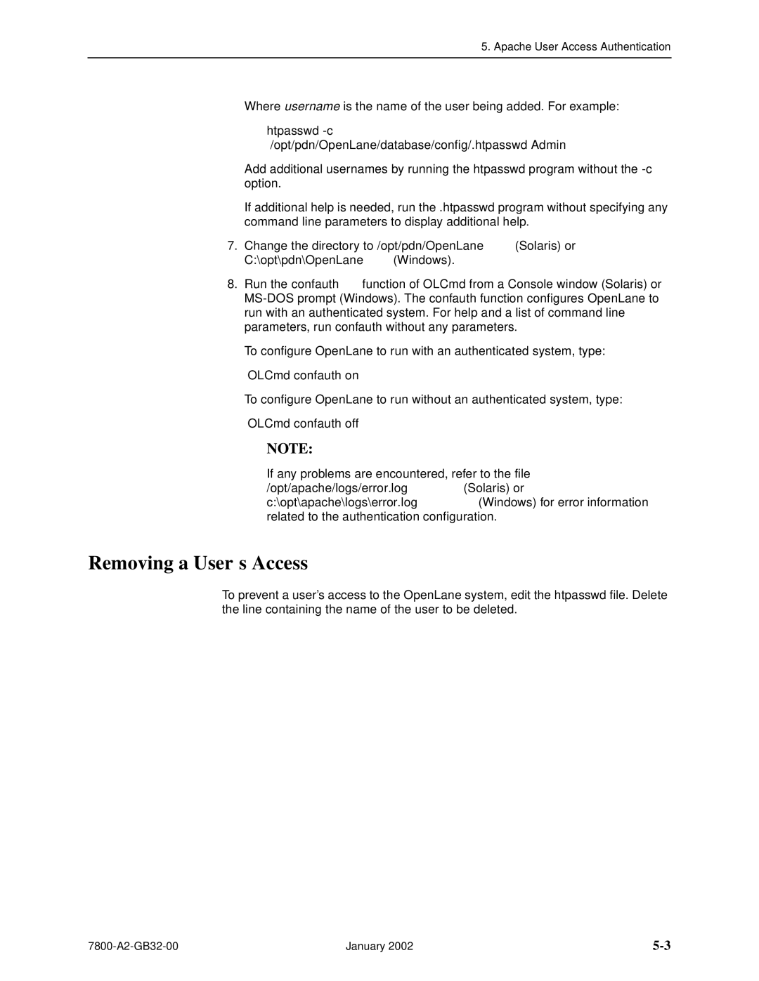 Paradyne SLM 5.5 manual Removing a User’s Access, opt\pdn\OpenLane Windows, OLCmd confauth on, OLCmd confauth off 