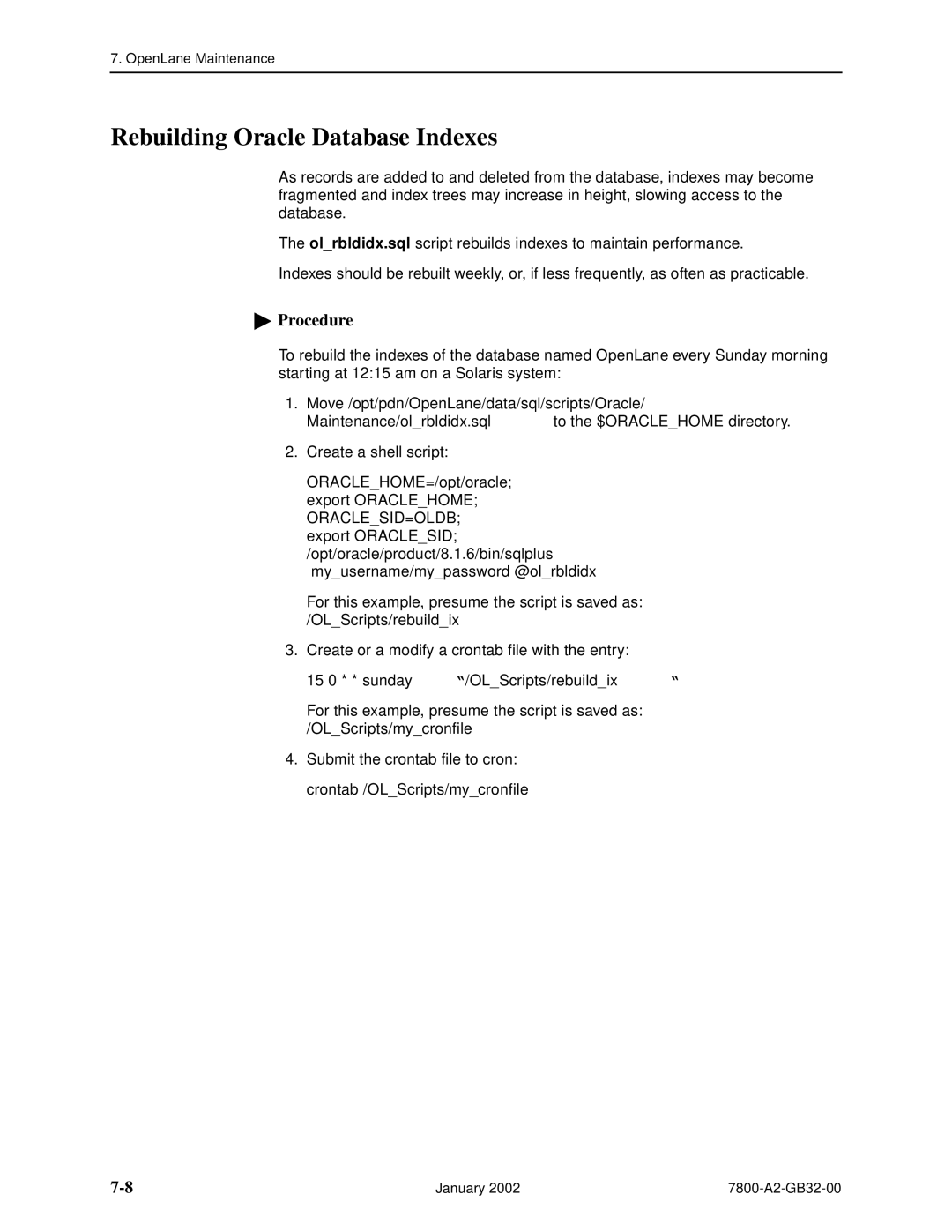 Paradyne SLM 5.5 manual Rebuilding Oracle Database Indexes 